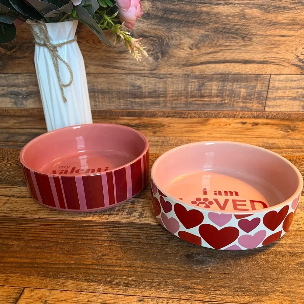 Pink and Red Pet Bowls with Heart Designs